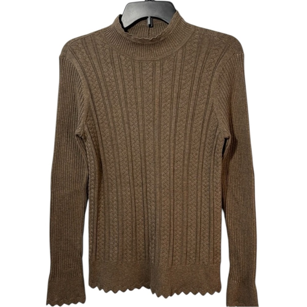 Jeanne Pierre Sweater Taupe‎ Mock Neck Scalloped in Size Petite M  NWT